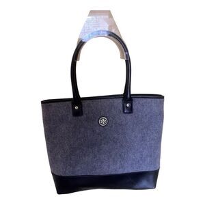 Tory Burch Wool Flannel Leather Trim Jaden Tote Shoulder Bag Black Gray Almost E